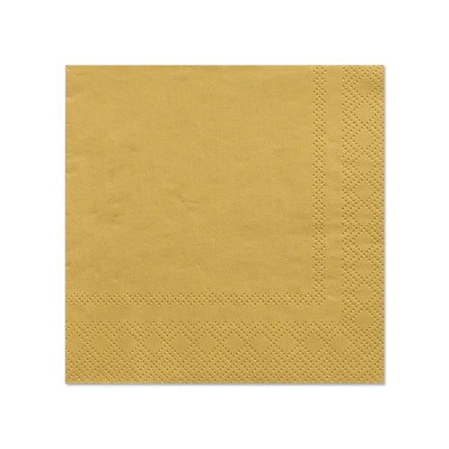 Servítky PAPSTAR 20 (25 cm x 25 cm, 3-vrstvé, 1/4 skládání) od společnosti PAPSTAR GmbH mají strukturovaný okraj a elegantní zlatou barvu, ideální pro stylovou stolní dekoraci; zobrazeny na bílém pozadí.