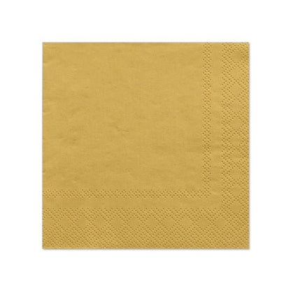 Servítky PAPSTAR 20 (25 cm x 25 cm, 3-vrstvé, 1/4 skládání) od společnosti PAPSTAR GmbH mají strukturovaný okraj a elegantní zlatou barvu, ideální pro stylovou stolní dekoraci; zobrazeny na bílém pozadí.