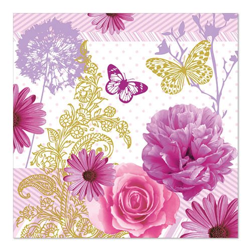PAPSTAR GmbH 20 ubrousků, 33 cm x 33 cm, 3-vrstvé, sada 5: Design s růžovými květinami (růže, pivoňky, sedmikrásky), zlatými/fialovými motýly a zdobenými zlatými listy na diagonálních pruzích a puntíkovaném pozadí.