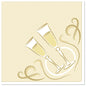 Die PAPSTAR 50 Servietten "ROYAL Collection" 1/4-Falz 40 x 40 cm gold der PAPSTAR GmbH zeigt eine beigefarbene Serviette mit zwei anstoßenden Sektgläsern, Seifenblasen und goldenen Wirbeln in einem kreisförmigen Design.