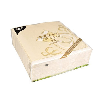 Zapečetěný obdélníkový balíček PAPSTAR 50 ubrousků "ROYAL Collection" 1/4-Falz, 40x40cm zlatá, od PAPSTAR GmbH, se zlatými motivy a zabalený v průhledné fólii.