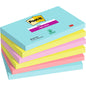 Abgebildet ist ein Stapel von sechs Post-it® Super Sticky Notes (76 mm x 127 mm, 90 Blatt/Block, 100% PEFC) der 3M Deutschland GmbH in den Farben Blau, Pink und Gelb mit sichtbarem Branding auf dem obersten Block.