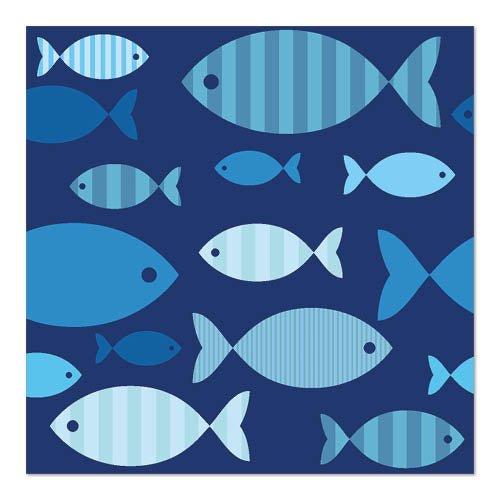 PAPSTAR 20 ubrousků, 33x33 cm, třívrstvé od PAPSTAR GmbH v Design Setu 6 ukazuje různé velké modré ryby s pruhy a jednobarevnými na tmavě modrém pozadí - kreativně překrývající se a volně uspořádané.