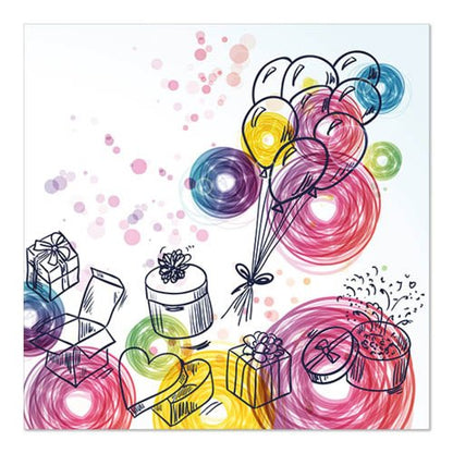 Ručně kreslené balónky, dárky, srdce, party klobouky, bonbóny a barevné spirály zdobí PAPSTAR 20 ubrousků 33x33cm třívrstvé Design Set 6 od PAPSTAR GmbH v barvách růžové, žluté, modré a fialové na bílém pozadí.