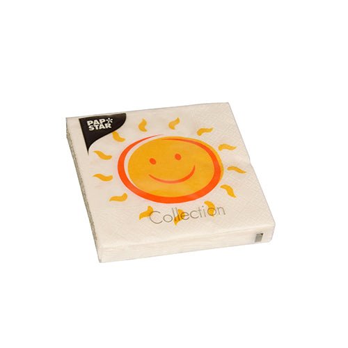 Balení 20 ubrousků společnosti PAPSTAR GmbH, 25 cm x 25 cm, 3-vrstvé, čtvrtinově skládací ubrousky se žlutým usmívajícím se sluncem s oranžovými paprsky; „Collection“ na přední straně a logo Pap Star v levém horním rohu.