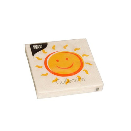Balení 20 ubrousků společnosti PAPSTAR GmbH, 25 cm x 25 cm, 3-vrstvé, čtvrtinově skládací ubrousky se žlutým usmívajícím se sluncem s oranžovými paprsky; „Collection“ na přední straně a logo Pap Star v levém horním rohu.