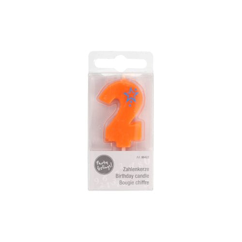 Mini číselná svíčka 6,8 cm od PAPSTAR GmbH je oranžová svíčka s číslem 2 a modrými hvězdami, balená v průhledném obalu s německým, anglickým a francouzským popisem – perfektní pro zdobení jakéhokoli narozeninového dortu.