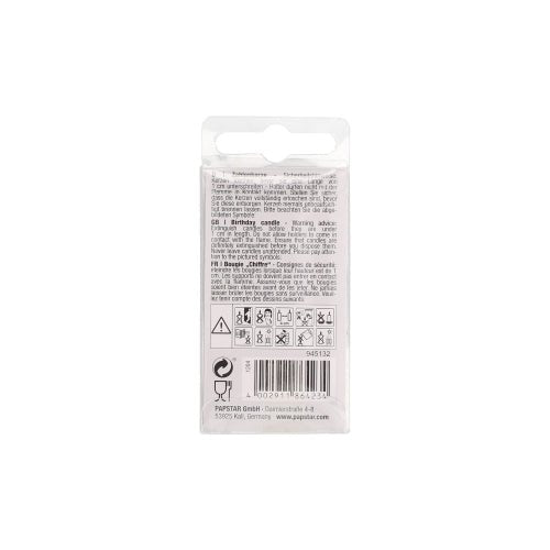 Obrázek ukazuje zadní stranu PAPSTAR mini číselné svíčky 6,8 cm od PAPSTAR GmbH s černými pokyny, varovnými upozorněními, symboly, čárovým kódem a recyklačními informacemi na bílém obalu s otvorem pro zavěšení nahoře.