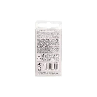 Obrázek ukazuje zadní stranu PAPSTAR mini číselné svíčky 6,8 cm od PAPSTAR GmbH s černými pokyny, varovnými upozorněními, symboly, čárovým kódem a recyklačními informacemi na bílém obalu s otvorem pro zavěšení nahoře.