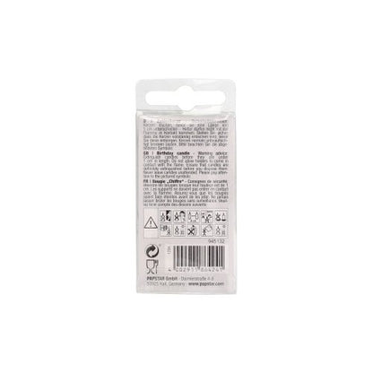 Obrázek ukazuje zadní stranu PAPSTAR svíčky s číslem, Mini 6,8 cm balení PAPSTAR GmbH, s vícejazyčnými informacemi o produktu, návodem, varováními, bezpečnostními symboly a čárovým kódem – ideální jako dekorace na narozeninový dort.