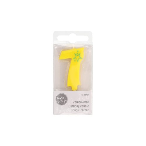 PAPSTAR svíčka s číslem Mini 6,8 cm od PAPSTAR GmbH je žlutá číslice 7 se zelenou hvězdou, ideální pro zdobení narozeninových dortů. Je dodávána v průhledné plastové krabičce s vícejazyčným nápisem „Narozeninová svíčka“.