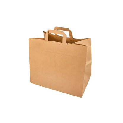 Padesát tašek PAPSTAR GmbH, papírové s úchytem, stojí prázdné na bílém pozadí. Hnědá taška s širokým, plochým dnem zdůrazňuje svůj ekologický design.