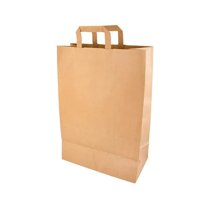 Padesát tašek PAPSTAR GmbH, papírové s úchytem, stojí vzpřímeně na bílém pozadí. Ekologická, nepoužitá taška má ploché dno a dva obdélníkové úchyty.