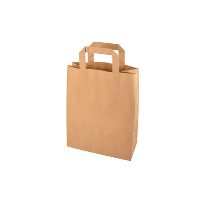 Padesát tašek PAPSTAR GmbH z papíru s úchytem stojí vzpřímeně na bílém pozadí; ekologické, hnědé a s plochým, obdélníkovým úchytem.