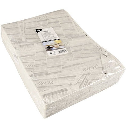 Zapečetěné balení PAPSTAR 5 balicích papírů „Newsprint“ (3 cm x 2 cm) od PAPSTAR GmbH má produktový štítek s textem a obrázky; vyrobené z vysoce kvalitního materiálu, jednoduché bílé listy jsou ideální pro balení nebo ochranu předmětů při balení.