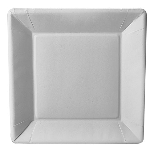 Bílý, čtvercový talíř z kartonu o velikosti 22,5 cm od PAPSTAR GmbH z designové řady "pure" (50 kusů) je zobrazen shora, s mírně zvýšenými okraji a hladkým, ekologickým povrchem.