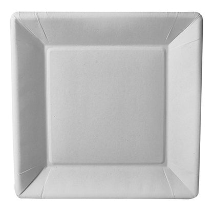 Bílý, čtvercový talíř z kartonu o velikosti 22,5 cm od PAPSTAR GmbH z designové řady "pure" (50 kusů) je zobrazen shora, s mírně zvýšenými okraji a hladkým, ekologickým povrchem.