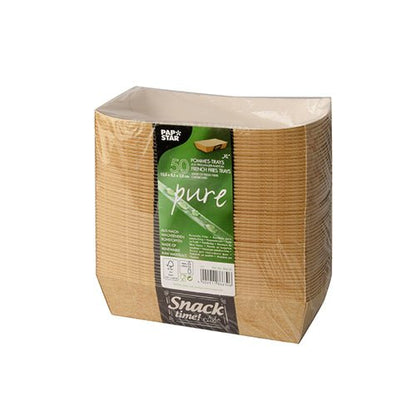 Zapečetěné balení s 50 obdélníkovými hnědými miskami na hranolky „pure“ „Good Food“ společnosti PAPSTAR GmbH, 3,5 x 7 cm, s ekologickým označením a informacemi o produktu.