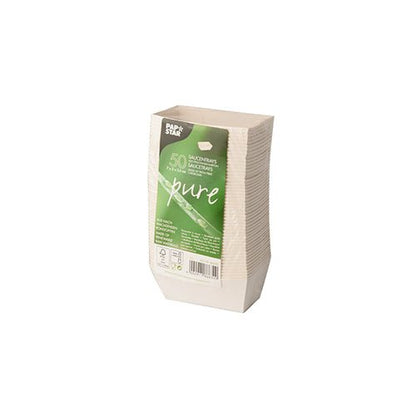 Balení s 50 bílými PAPSTAR „pure“ Saucentrays (3,5x3 cm), ideální pro občerstvení, z ekologického kartonu, ve smršťovací fólii od PAPSTAR GmbH - perfektní pro použití v gastronomii.