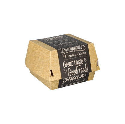 Uzavřená hnědá PAPSTAR 50 burgerových krabic z kartonu "pure" Good Food od PAPSTAR GmbH, s černou etiketou s "Dobrou chuť! Kvalitní kuchyně, dobrý chuť Good Food! Snack", stojí uprostřed na bílém pozadí.