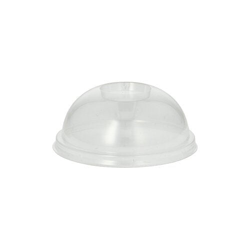 Kryt PAPSTAR 100 Dom, PLA "pure" kulatý Ø 9,5 cm · 4,5 cm čirý od PAPSTAR GmbH je čirý, kopulovitý kryt s malým kulatým otvorem, navržený pro šálky nebo nádoby na potraviny. Zobrazeno na jednoduchém bílém pozadí.