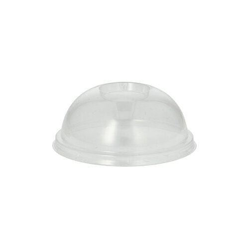 Kryt PAPSTAR 100 Dom, PLA "pure" kulatý Ø 9,5 cm x 4,5 cm čirý od PAPSTAR GmbH je čirý kryt s centrálním otvorem pro obaly na potraviny, zobrazený na jednoduchém bílém pozadí.