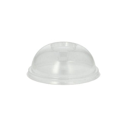 Kryt PAPSTAR 100 Dom, PLA "pure" kulatý Ø 9,5 cm x 4,5 cm čirý od PAPSTAR GmbH je čirý kryt s centrálním otvorem pro obaly na potraviny, zobrazený na jednoduchém bílém pozadí.