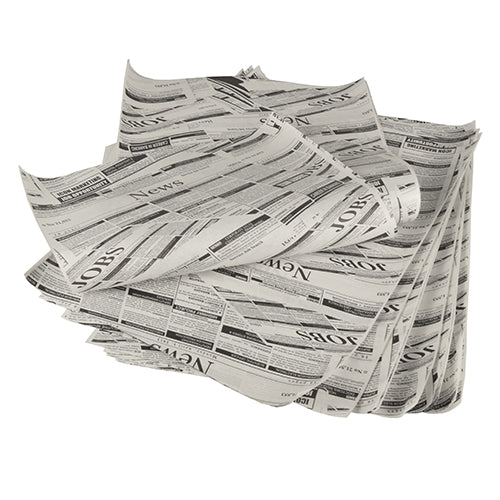 Stoh PAPSTAR balicích papírů, pergamenová náhrada 35 cm x 25 cm odolná proti mastnotě od PAPSTAR GmbH, neuspořádaně rozmístěný s nápisy „NEWS“ a „JOBS“ černě na bílých listech.