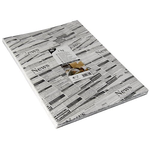 PAPSTAR balicí papíry, pergamenová náhrada (35cm x 25cm, odolná proti mastnotě) od PAPSTAR GmbH v černobílém novinovém designu, v průhledné fólii s bílou etiketou, jsou ideální pro stylové a praktické balení.