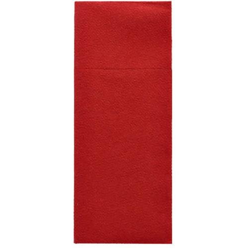 Červená Starpak 480 kapsa na příbory z Airlaid (40 x 33 cm, se záhybem na příbory) stojí vertikálně na bílém pozadí; Jemná horizontální linie se objevuje v horní třetině a zajišťuje kvalitní prezentaci.