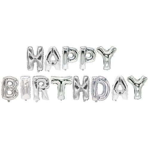 Stříbrné metalické-PAPSTAR fóliové balónky společnosti PAPSTAR GmbH tvoří na bílém pozadí nápis „Happy Birthday“ ve dvou řadách – slavnostní sada, ideální pro každou narozeninovou oslavu.
