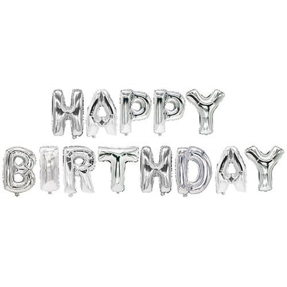 Stříbrné metalické-PAPSTAR fóliové balónky společnosti PAPSTAR GmbH tvoří na bílém pozadí nápis „Happy Birthday“ ve dvou řadách – slavnostní sada, ideální pro každou narozeninovou oslavu.