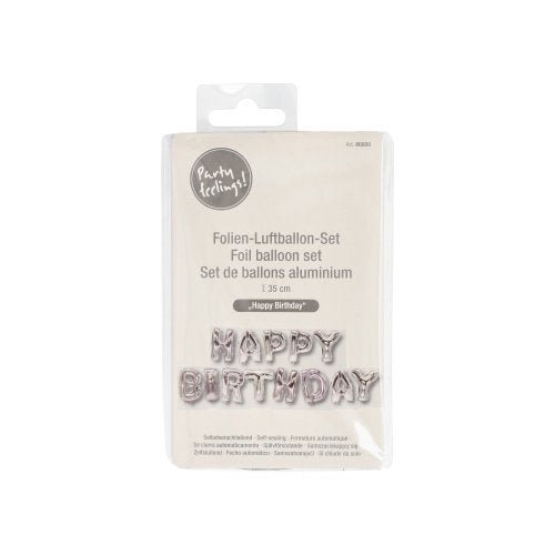 Fóliové balónkové sety „Happy Birthday“ společnosti PAPSTAR GmbH se skládají ze stříbrných balónků a jsou ideální pro každou narozeninovou party. Sada je zabalena na bílé kartě s vícejazyčnými detaily a průhledným plastovým obalem.