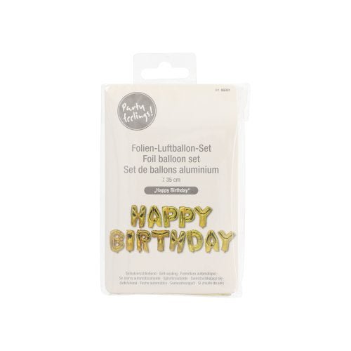 Fóliové balónkové sety „Happy Birthday“ společnosti PAPSTAR GmbH jsou zapečetěny zlatými písmenovými balónky, vícejazyčným balením a průhledným háčkem – ideální pro každou narozeninovou oslavu.