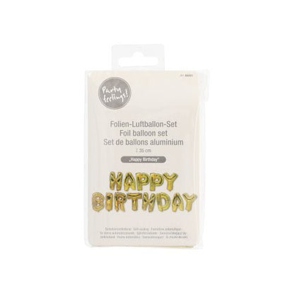 Fóliové balónkové sety „Happy Birthday“ společnosti PAPSTAR GmbH jsou zapečetěny zlatými písmenovými balónky, vícejazyčným balením a průhledným háčkem – ideální pro každou narozeninovou oslavu.