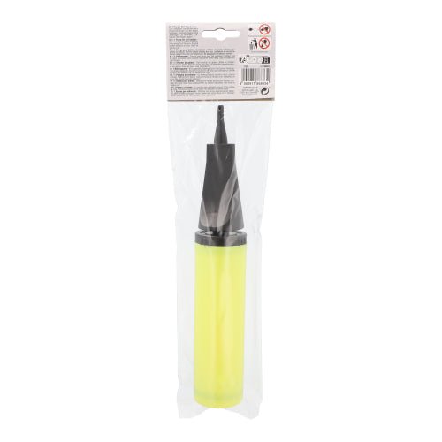 Čerpadlo PAPSTAR pro fóliové balónky od PAPSTAR GmbH je žlutá ruční pumpička (28x4,5 cm), která je ideální jako party doplněk. Je vybavena černou tryskou a zabalena v průhledném sáčku s etiketou na vrchu, která obsahuje informace o produktu a bezpečnostní pokyny.