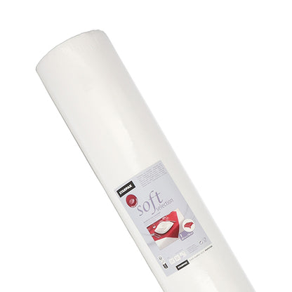 Velký bílý ubrus Starpak, textilní rouno „Soft Selection“ (40 m x 1,18 m), je zobrazen svisle s etiketou s talíři, což ho označuje jako ideální pro použití v gastronomii.