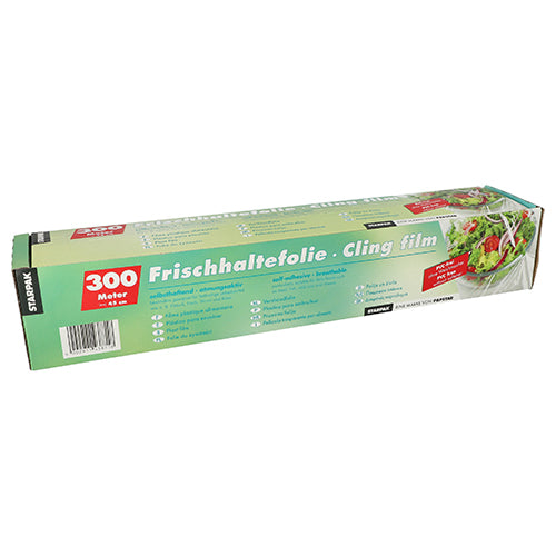 Krabice Starpak Frischhaltefolie je obdélníková krabice z potravinové fólie (300 metrů) se zeleným obalem a nápisy „Frischhaltefolie“ a „Cling Film“, která obsahuje obrázky salátů a instrukce pro uchování vašich potravin čerstvých.