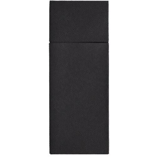 Starpak 480 kapsy na příbory, Airlaid 40 cm x 33 cm se záhybem na příbory, jsou obdélníkové černé ubrousky s jemnou texturou a horizontální linií na horním okraji, ideální pro hygienickou prezentaci příborů. Zobrazeno na jednoduchém pozadí.