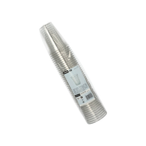 Balení 40 průhledných pohárků Starpak Hurricane PET 0,2 l (Ø 7,8 cm x 9,7 cm) je zabaleno ve fólii a uprostřed má bílé etiketu s podrobnostmi o produktu.