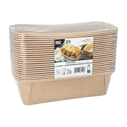 Stoh PAPSTAR 25 pečicích forem „pure“ obdélníkových hnědých od PAPSTAR GmbH, zabalený v průhledné fólii. Etiketa ukazuje podrobnosti o produktu a obrázek pečiva.