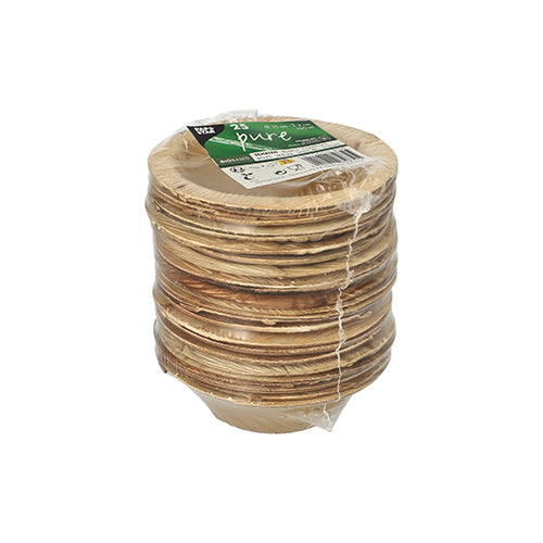 25 runde Palmblatt-Schalen der Marke PAPSTAR GmbH, Serie „pure“, in umweltfreundlicher Klarverpackung mit grün-weißem Etikett – perfekt für nachhaltige Events.