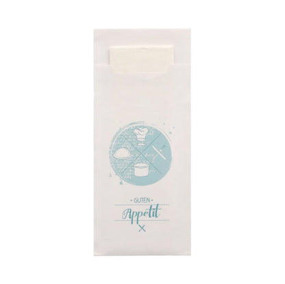 520 kapes na příbory (20 x 8,5 cm) od PAPSTAR GmbH je dodáváno s odpovídající 2vrstvou ubrouskem (33 x 33 cm). Bílý obal je opatřen světle modrým kruhovým motivem s potravinami a příborem a nápisem „Dobrou chuť“, přičemž ubrousek uvnitř je částečně viditelný.
