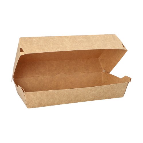Baguetteboxy PAPSTAR "pure" z neběleného kraftového papíru jsou hnědé, obdélníkové (7,5x10,7x22 cm) a otevřeně ukazují svůj prázdný vnitřek. Boxy od PAPSTAR GmbH jsou dodávány v balení po 25 kusech - 100% Fair | Folie.