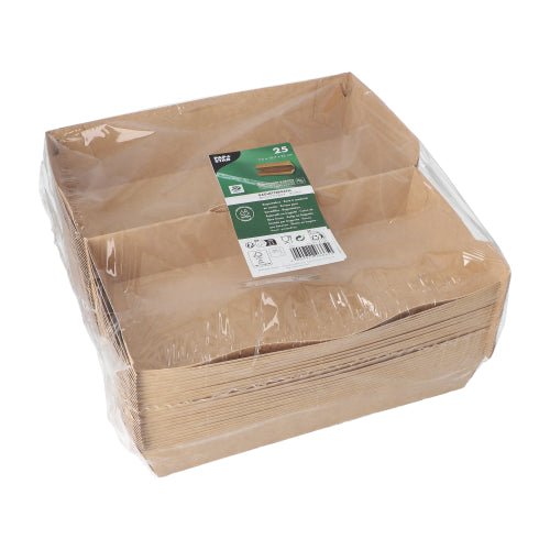 Stoh hnědých PAPSTAR Baguetteboxů "pure" (7,5 x 10,7 x 22 cm) od PAPSTAR GmbH je zabalen v průhledném plastu; horní etiketa pro 25 misek ukazuje zeleno-bílé značení, recyklační symboly a ekologický vzkaz "100% Fair | Folie".