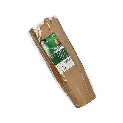Zapečetěné plastové balení obsahuje 25 snack boxů PAPSTAR GmbH, hranaté, hnědé, z ekologického kartonu. Informace o produktu a branding jsou zobrazeny na zeleno-bílé nálepce.