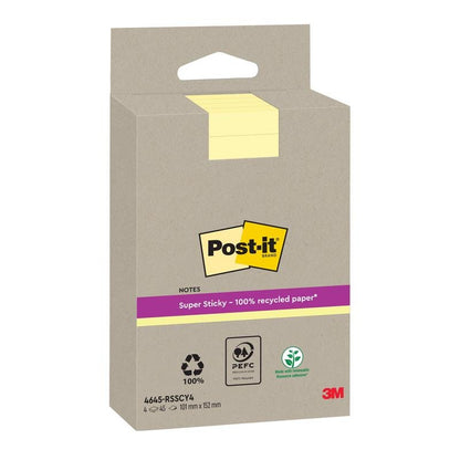 Žlutý balíček Post-it® Super Sticky 100% Recycling Notes (102 mm x 152 mm, linkované, 45 listů/blok, 4 bloky/balíček) od 3M Deutschland GmbH je zobrazen s logem Post-it a ekologickými certifikacemi jako PEFC.