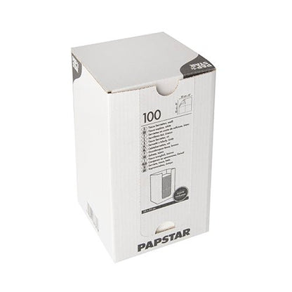 V bílé obdélníkové krabici s nápisem „PAPSTAR“ se nachází 100 dvouvrstvých ubrousků „PUNTO“ (20x20 cm, 1/4 skládání) od PAPSTAR GmbH, s bočním potiskem produktových detailů a obrázkem ubrousku, vyfoceno na bílém pozadí.