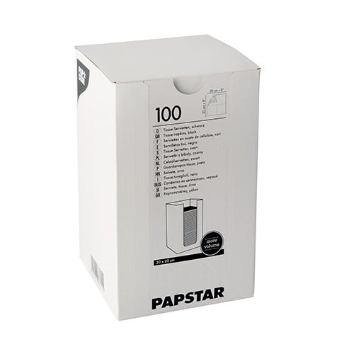 Bílá krabice s nápisem „PAPSTAR 100 ubrousků, dvouvrstvých ‚PUNTO‘ 1/4 skládání 20 cm x 20 cm“ od PAPSTAR GmbH obsahuje ubrousky z tkaniny s produktovými informacemi, logem designu PUNTO a diagramem otevírání vytištěným na krabici.