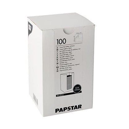 Bílá krabice s nápisem „PAPSTAR 100 ubrousků, dvouvrstvých ‚PUNTO‘ 1/4 skládání 20 cm x 20 cm“ od PAPSTAR GmbH obsahuje ubrousky z tkaniny s produktovými informacemi, logem designu PUNTO a diagramem otevírání vytištěným na krabici.